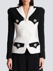 HIGH STREET Newest 2024 Designer Jacket Women's Slim Fitting Rhinestone Diamonds Buttons Color Block Blazer