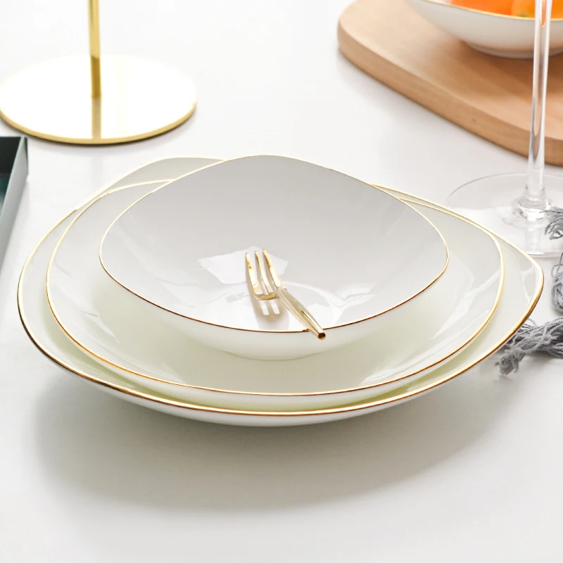 

Керамическая обеденная тарелка для дома, глубокая, неправильной формы, с золотым ободком, из костяного фарфора, тарелка для салата, глубокая тарелка в скандинавском стиле