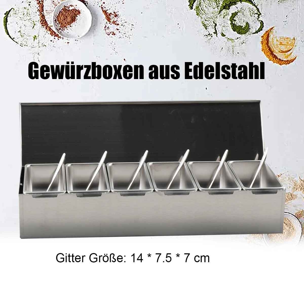 6-teilige Zutatenbox aus Edelstahl für Salz, Zucker, Käse, Soße, Gewürzbox, Pizza, Werkzeug, Snack-Aufbewahrungsbox – Detail 8