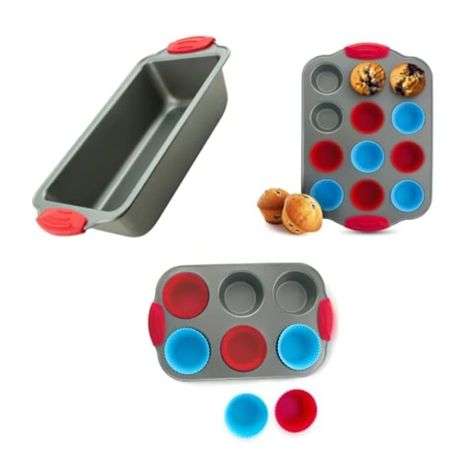 

Premium NonStick Baking Set: Banana Bread Loaf Pan 12 Cup Mini Muffin Pan with Silicone Liners and Jumbo 6 Cup Muffin Pan Profe