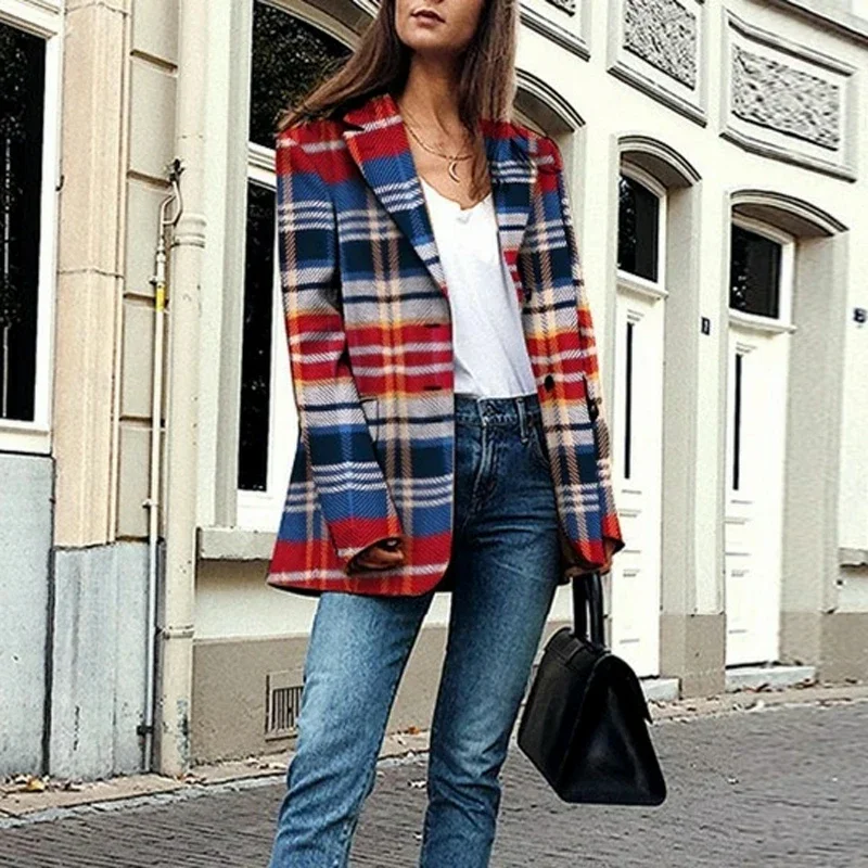 

Plaid Red Blue Casual Blazers Women Oversized Mid Length Single Breasted Suits Office Lady Work Wear British Style New Fashion