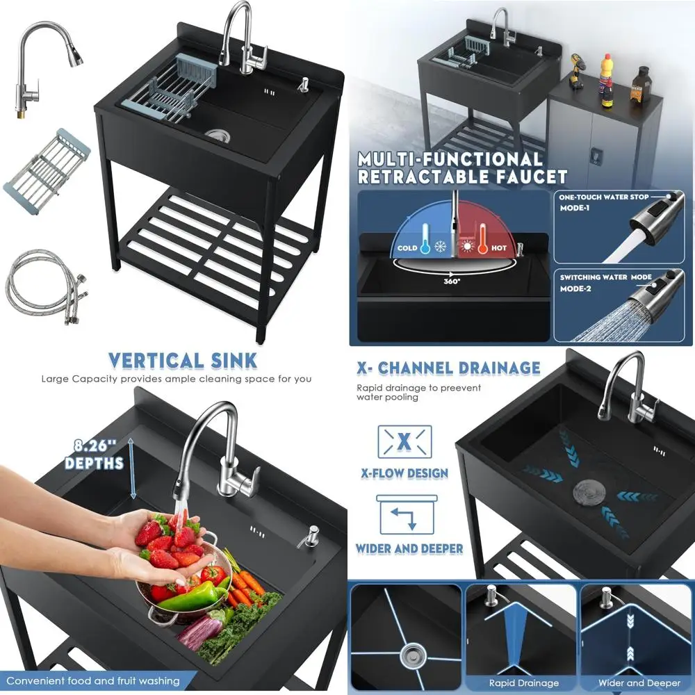 

Commercial Kitchen Outdoor Stainless Steel 33 Inch Utility Sink with Cold and Hot Water Faucet, Hoses Included