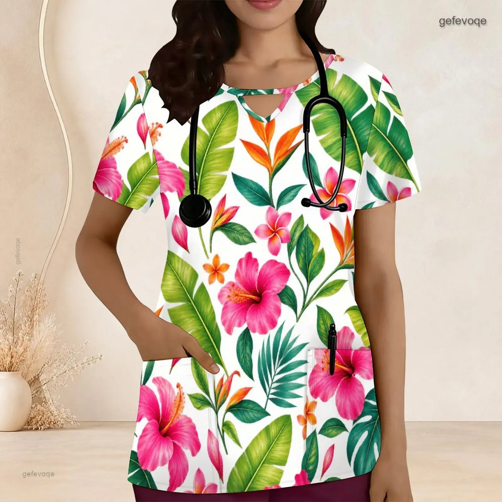 Women Short Sleeve Keyhole Neck Printed Scrub Top Floral and Orange Yellow Strip Pattern With Front Pockets