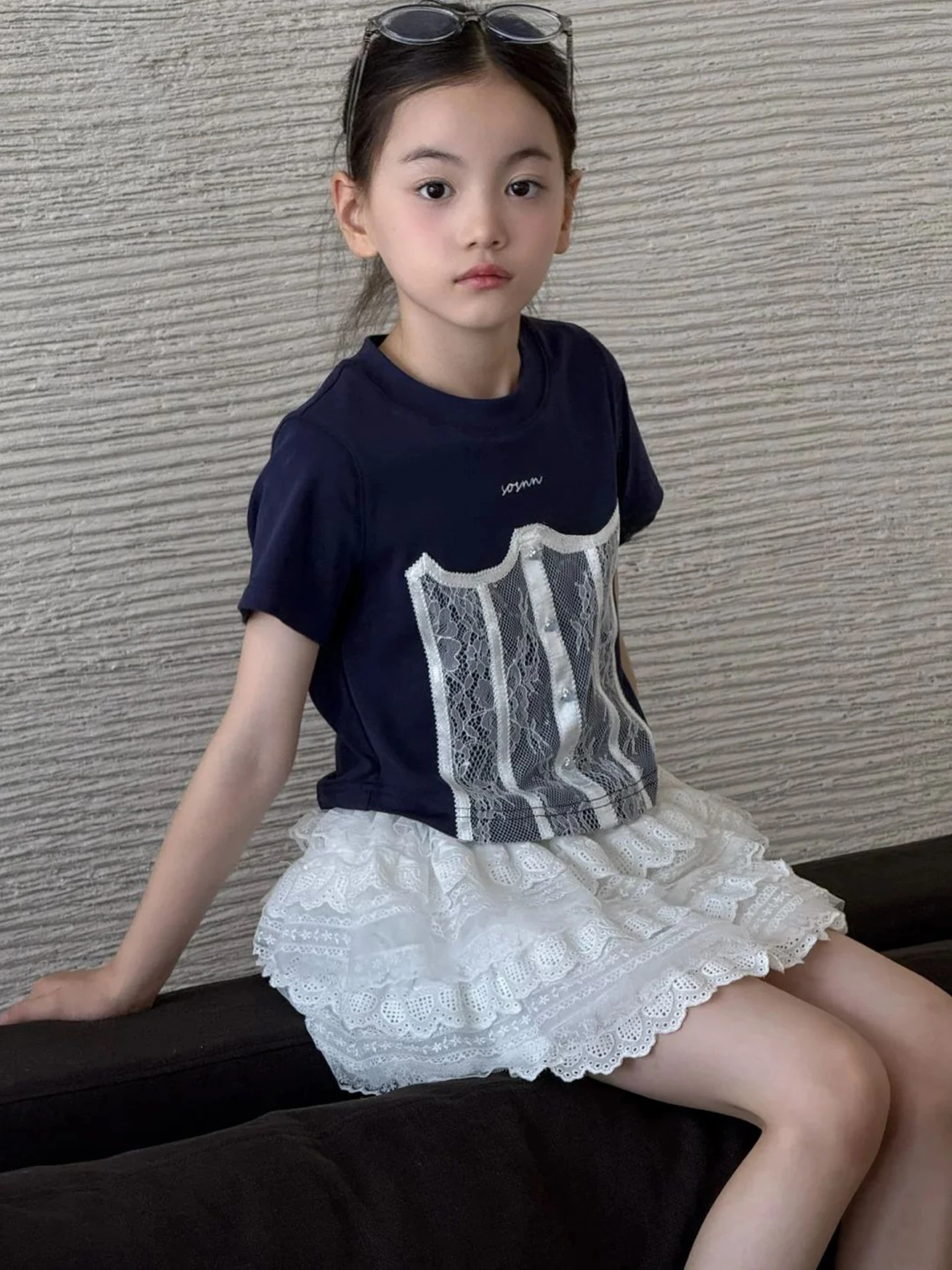 

Girls Short Sleeve T-Shirt Lace Casual Fashion Top for Children Summer Wear Unique Dark Blue Color Kids Clothing Trendy Outfit