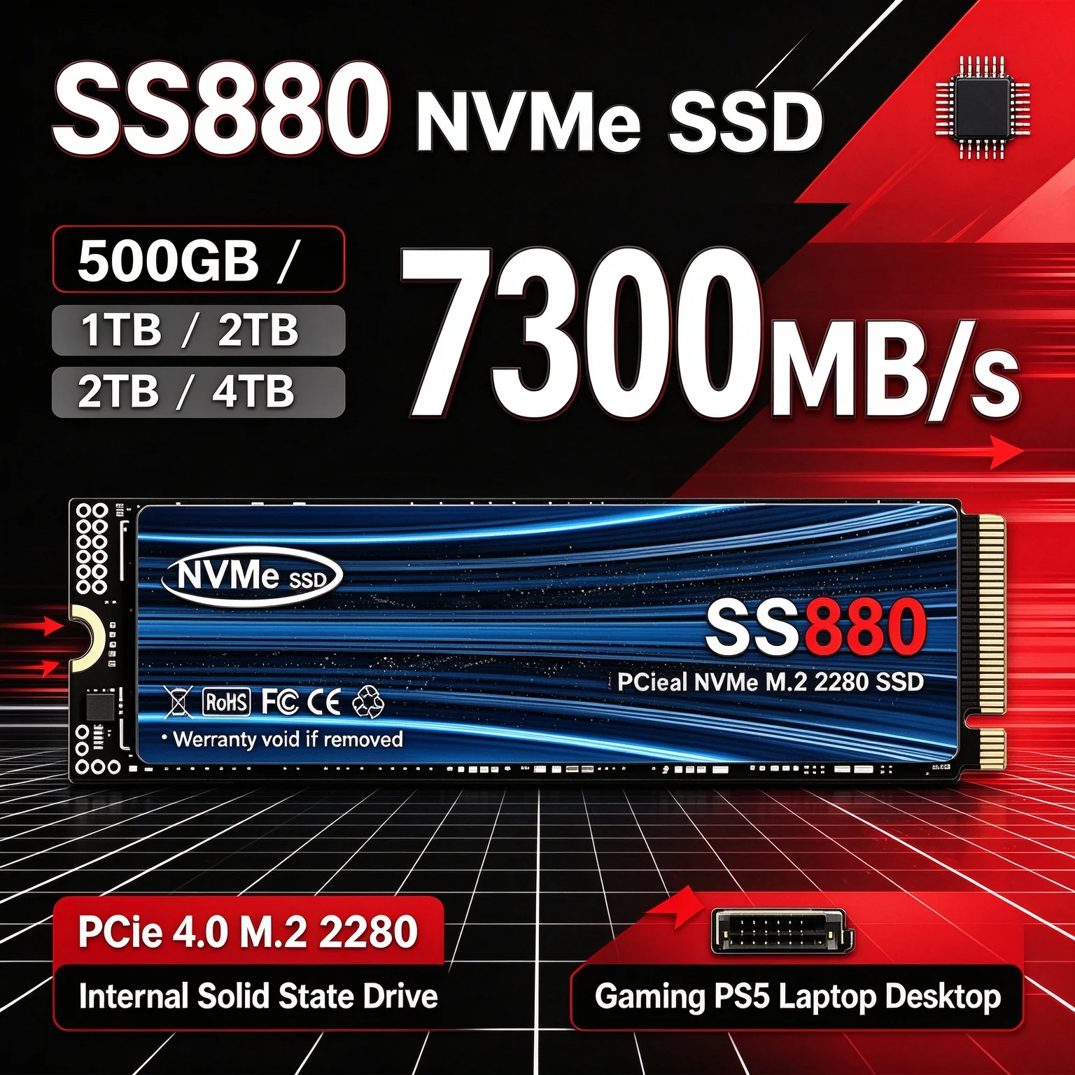 7300MB/s SS880 NVMe SSD PCIe 4.0 M.2 2280 Reliable Stable Built to Last 4TB Internal Drive for PS5 Desktop Laptop, Easy Install