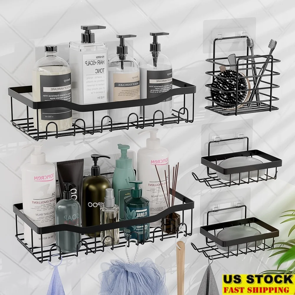 

Нержавеющий клейкий органайзер для душа, набор из 5 шт., сверхмощные аксессуары для ванной комнаты, самоклеящиеся полки, крючки, зубная щетка
