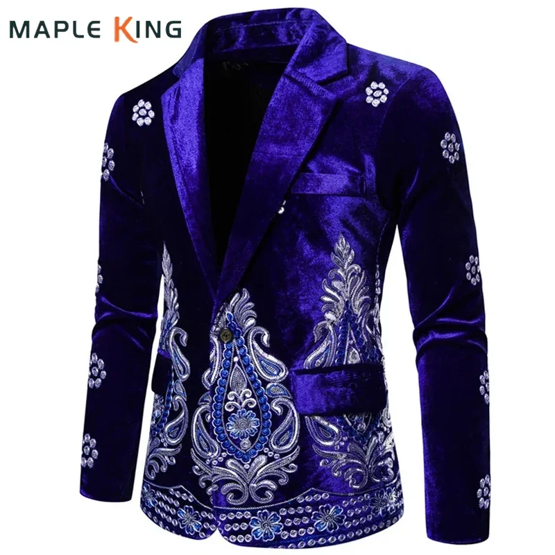 Mens Floral Blazer Masculinos Blue Velvet Americana Hombre Elegante Luxury Embroidery Single Button Wedding Men Suit Jacket Coat