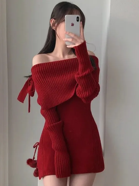 

Spring Faion Red One-oulder Knot Knitted Sweater Women's Slim Fit oulder Bared Elegance Long Sve Sweater
