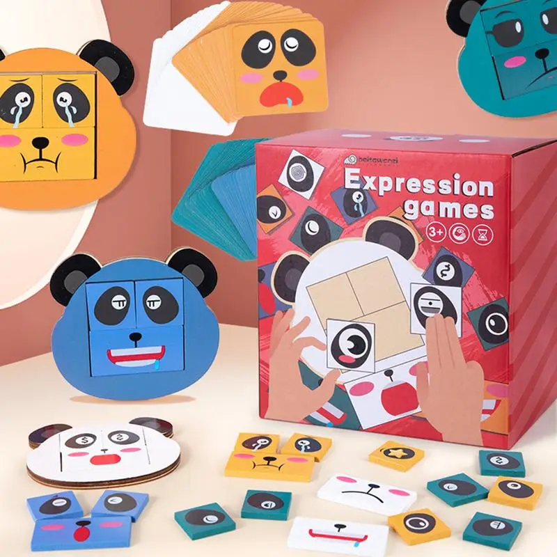 Panda Facial Expression Puzzle Toy Board Games Wooden Facial Expression Building Blocks Toy Face Matching Building Blocks