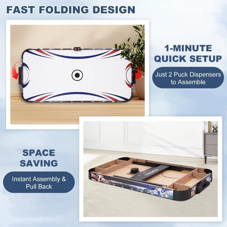 Mesa dobrável de air hockey com motor potente e placar LED digital inclui 2 discos e 2 empurradores ideal para uso interno por