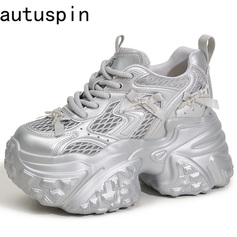 

AUTUSPIN 8cm Shoes Thick Bottom Summer Shoes Women Fashion Lolita Butterfly Knot Mesh Breathable Chunky Sneakers Female Tide