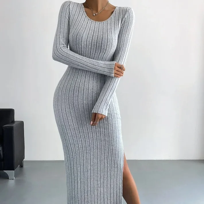 Hot sale 2024 autumn and winter new long sleeve round neck slit knitted long dress for women