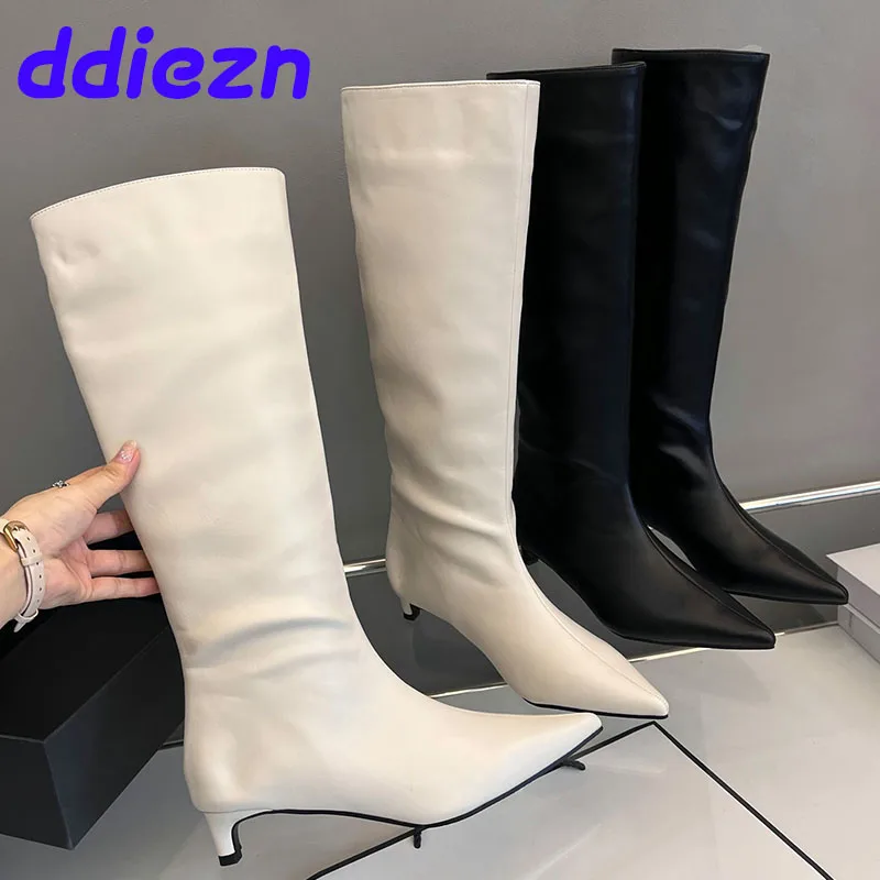 Female Slip On Shoes Knee High Boots For Women Footwear Designer Fashion Pointed Toe Western Ladies Ankle Booties Low Heel Shoes