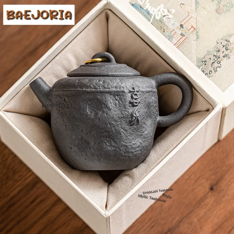 BAEJORIA 100ml Handmade Old Pottery Clay Teapot Boutique Black Gold Joyful Hand-grasp Pot Chinese Tea Maker Kettle Kung Fu Gift