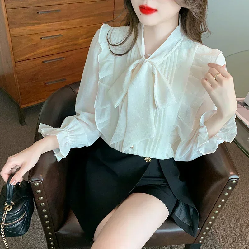 

Модная кружевная женская блузка с оборками, элегантная Простая рубашка с длинным рукавом и бантом на воротнике, женские корейские облегающие Шифоновые Топы, женские блузы