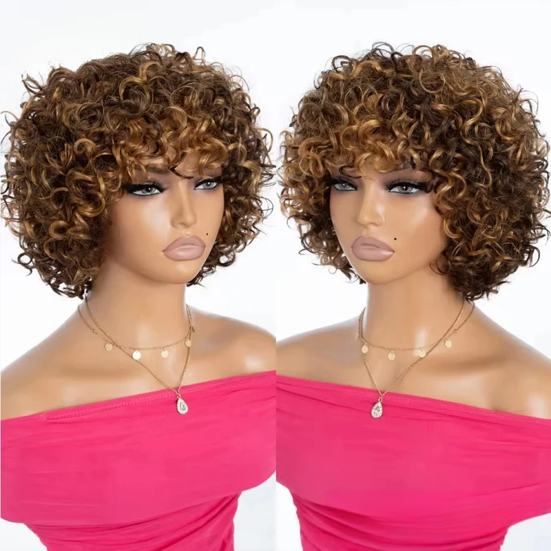 Brazilian Jerry Curly Highlight Ombre 4/27 Human Hair Wig With Bang Kinky Curly Blond 427 #   Hair Wigs For Black Women Dark 1B #