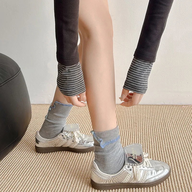 6 Pairs 2026 Spring Autumn Cotton Frilly Socks with Bow Tie Mid Length Knit Socks Casual Korean Style Thermal Socks Wholesale
