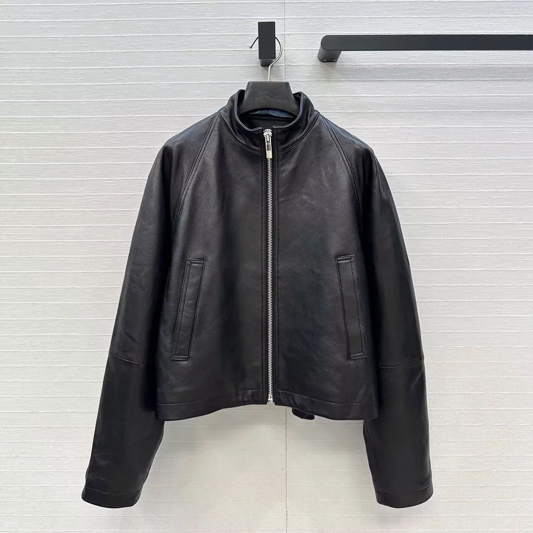 最高品質 100% 羊革ジャケット レディース スタンドカラー ジッパー ラグラン袖 ブラック バックワイドベルト レトロ 本革 ショートコート