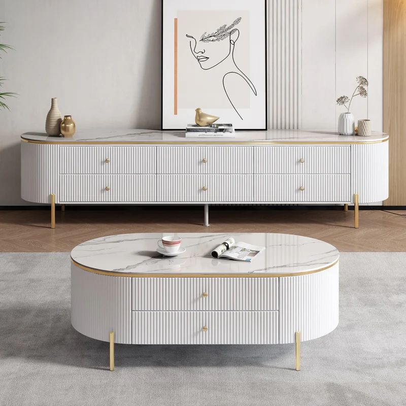 

High End Modern Luxury Marble Top Wooden Tv Stand and Coffee Table Set for Interior Living Room Beige Floating Furniture Design