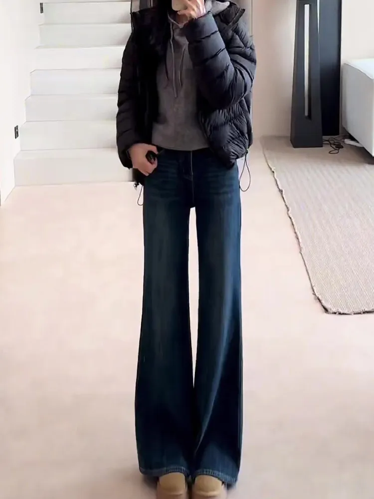 

High Waist Flared Jeans Women's Fleece Lined Floor Length Elastic Wide Leg Pants Autumn Winter Vintage Style Comfortable Cott...