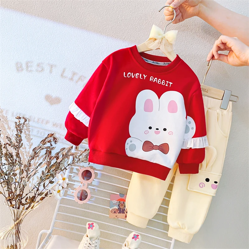 2022 Autumn Kids Clothing Sets for Baby Girls Clothes Outfits Infant Lace T Shirt Pants Cute Cartoon Rabbit Children Sportswear