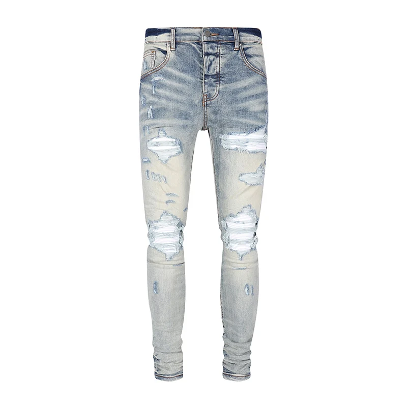 Street Designer Fashion NewY2K Jeans Patch bianca lavata Nostalgica Stretch Slim Fit Retro Jeans azzurri High Street Hip Hop