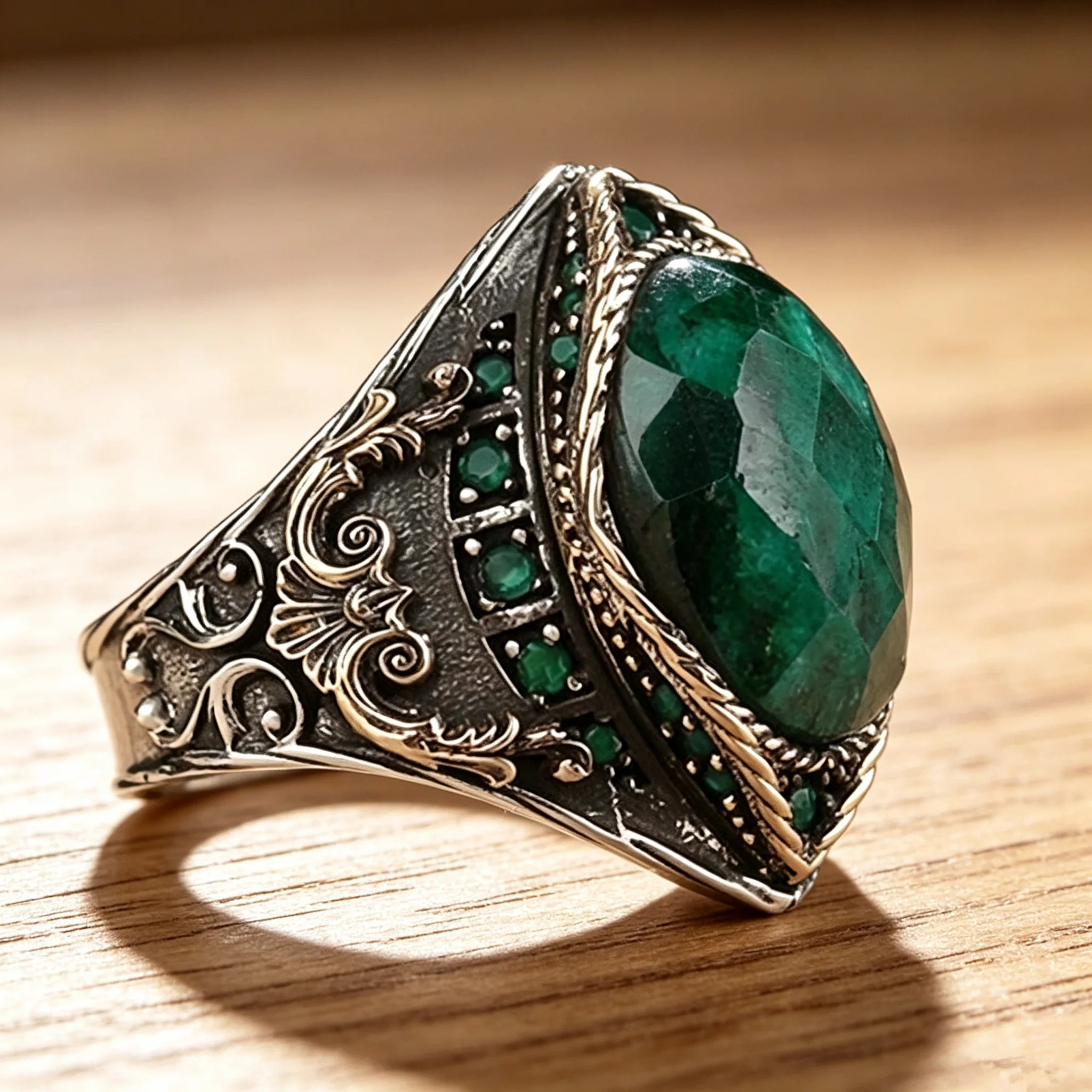 Vintage Turkish Style Men Signet Ring Oval Green Emerald‑Look Cubic Zirconia Two‑Tone Metal Ornate Scroll Engraved Male Finger R