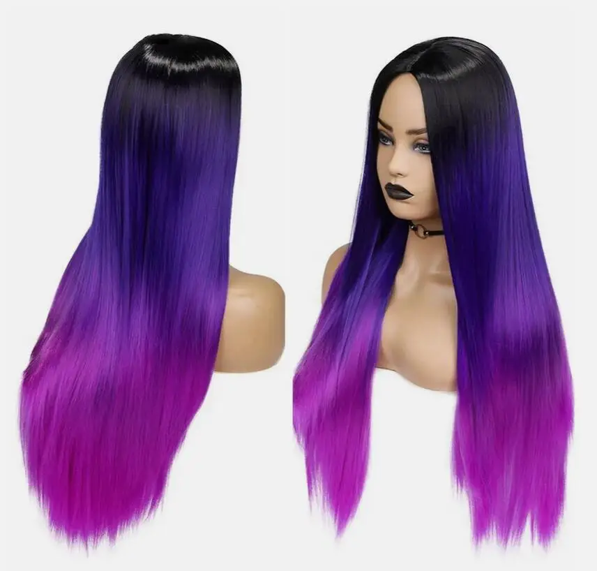 Long Ombre Black Purple Pink Wig Straight Synthetic Heat Safe Wig for Women