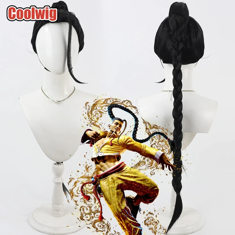 Coolwig Synthetic Hair Jamie Cosplay Wigs Street Fighter 6 Jamie 90cm Long Straight Black Braided Ponytail Wig Heat Resistant