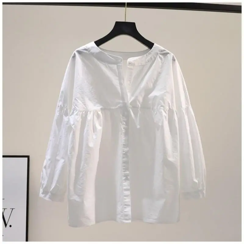 Women Summer Simplicity Loose Refreshing Pleated Solid Color O-neck Long Sleeve Shirts Ladies Casual All-match Appear Thin Tops