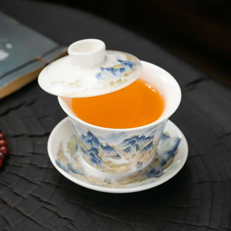 New Chinese Style Suspension Lid Sancai Gaiwan Large Ceramic Tea Cup Lidded Bowl Kung Fu Tea Set Offering Cup Home Office Gift