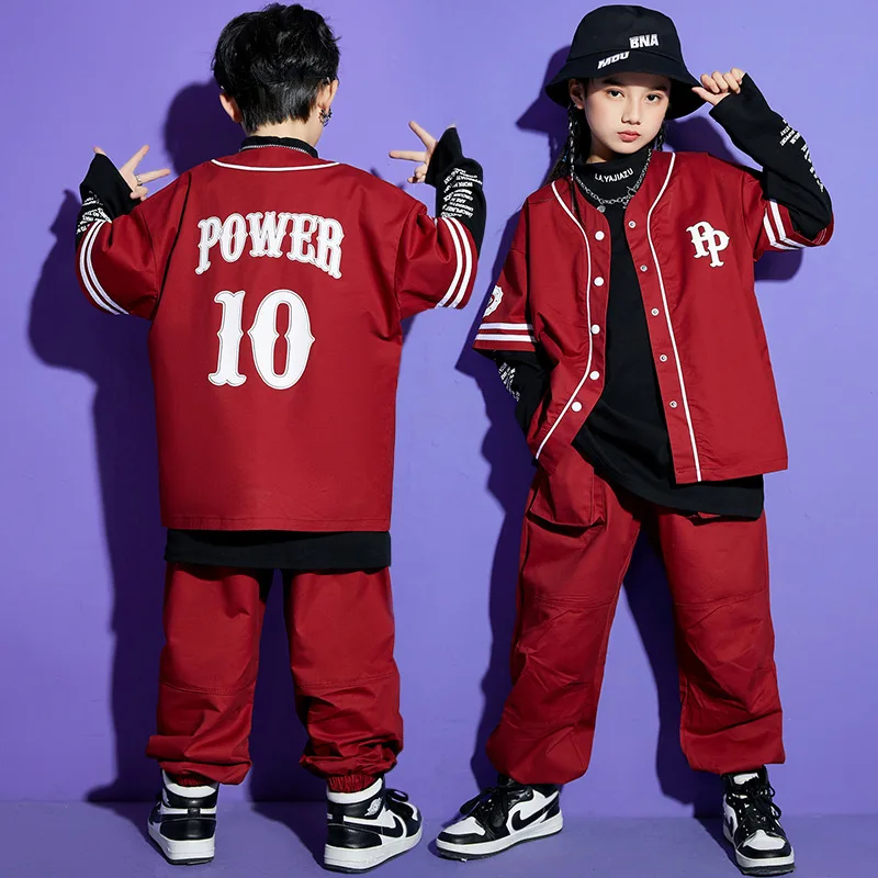 Kids Ballroom Hip Hop Dance Costumes Burgundy Shirt Cargo Pant Black Base Layers Girls Streetwear Boys Jazz Dance Rave Clothes