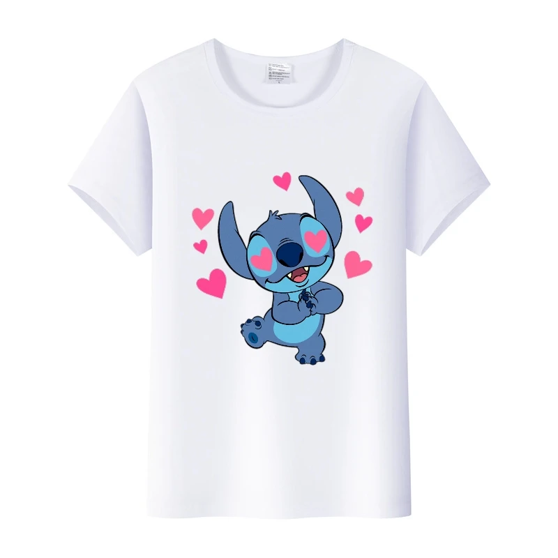 Cute Disney Cartoon Blouse Lilo Stitch Happy Birthday Child Tops Summer Plus Size T-shirts White Shirt Hippie Tees Woman Clothes