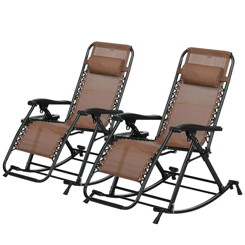 2 Outdoor Rocking Chairs Foldable Reclining Zero Gravity Lounge Rockers w/ Pillow Cup & Phone Holder, Brown