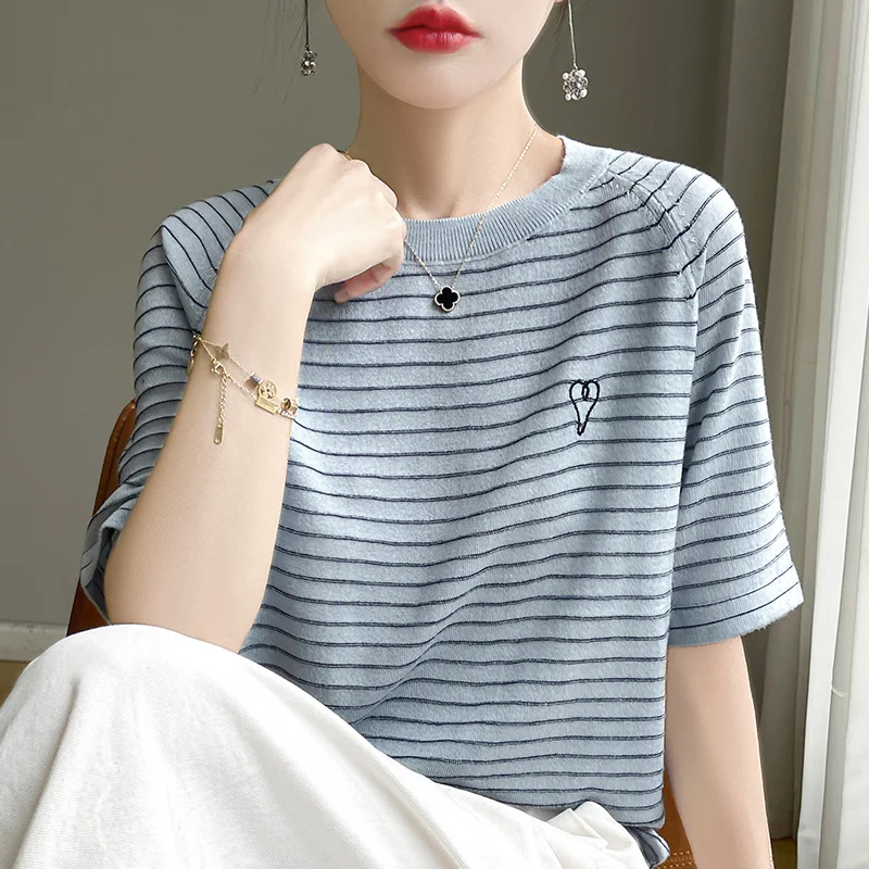 Summer Tencel Thin Short sleeved Women\'s Striped Round Neck Loose Pullover Korean Fashion Casual Silk T-Shirt Top