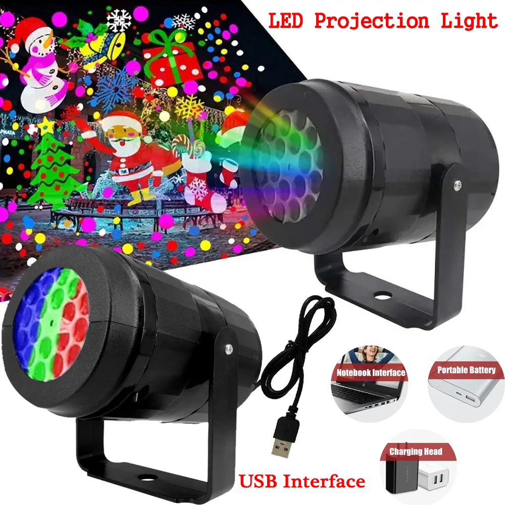 USB Christmas LED Projector Light Rotatable 16 Christmas Pattern Projection Lamp Snowman Santa Reindeer For Xmas Festival Decor