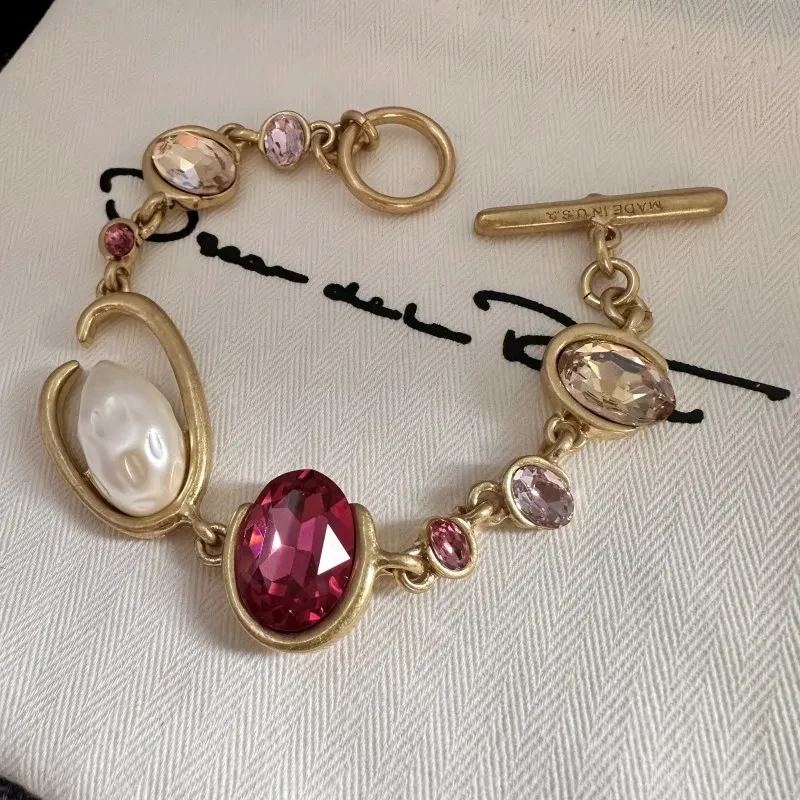 

YISON Os Fashion Jewelry Pearl Colorful Rhinestones Zircon O Letter OT Buckle Geometric Bracelet for Women Accessories Gift