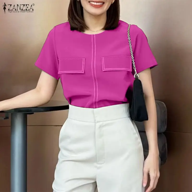 

Женские блузки ZANZEA с контрастной строчкой, пуловеры с круглым вырезом и коротким рукавом, летние однотонные топы в стиле карго 2026 года