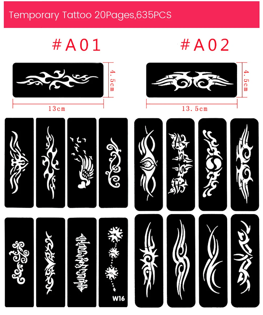 635 teile/los Wiederverwendbare Aufkleber Tattoo Schablonen Ordner Malerei Vorlage Airbrush Glitter Henna Tattoo Schablone Set Album Festen Stil – Detail 3
