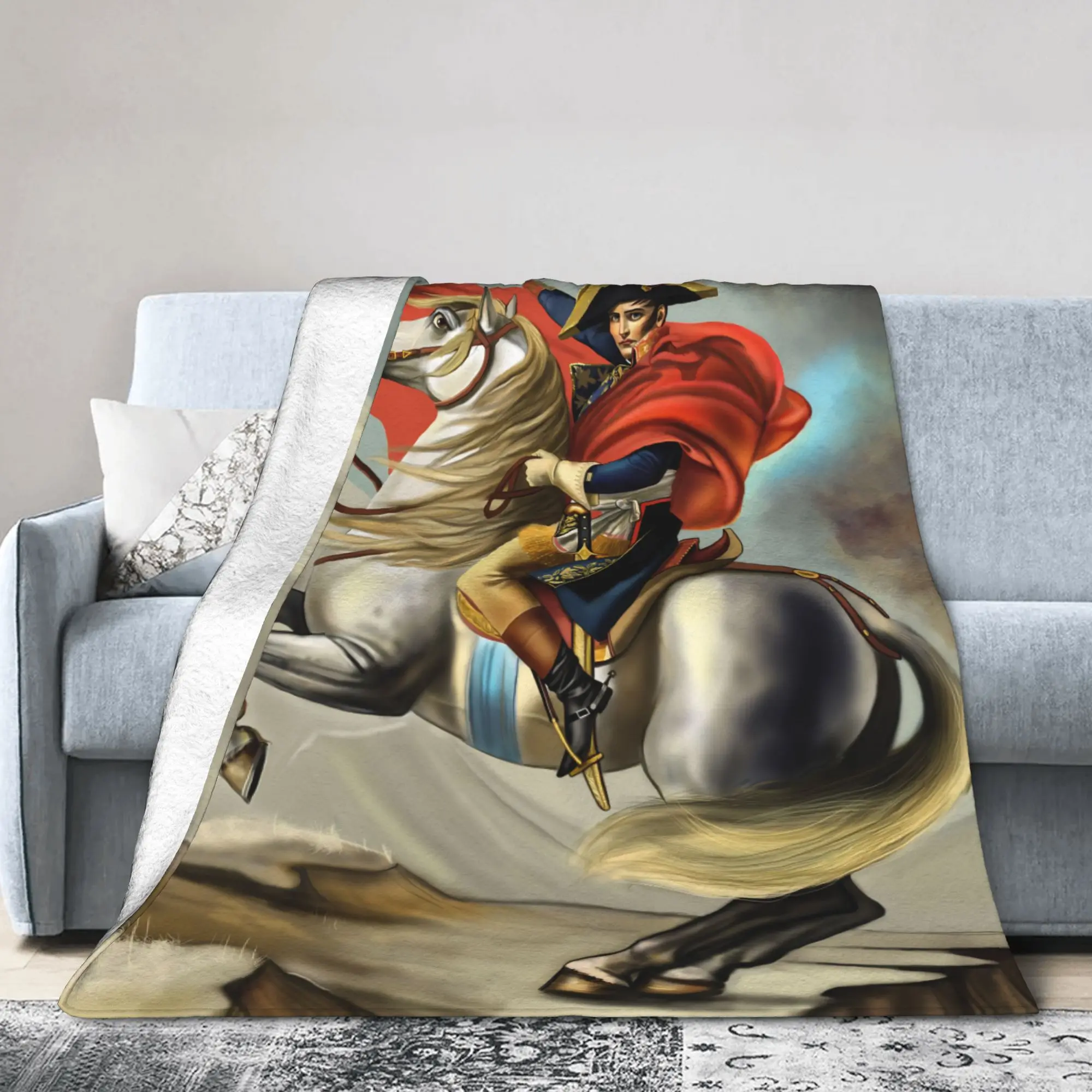 Napoleon Bonaparte Crossing the Alps Blanket Art Flannel Throw Blankets Airplane Decoration Lightweight Bedspread Portable