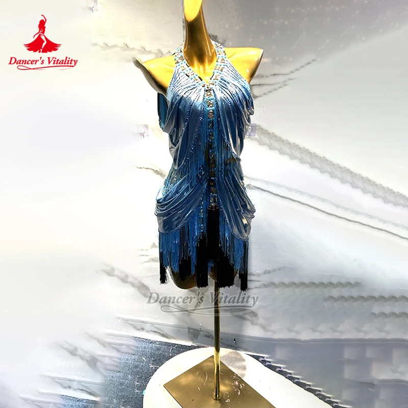 

Teenagers Rumba Samba Hanging Neck Tassels Dresses Adult Women Latin Professional Contest Outfit Customized Dancer's Vitality