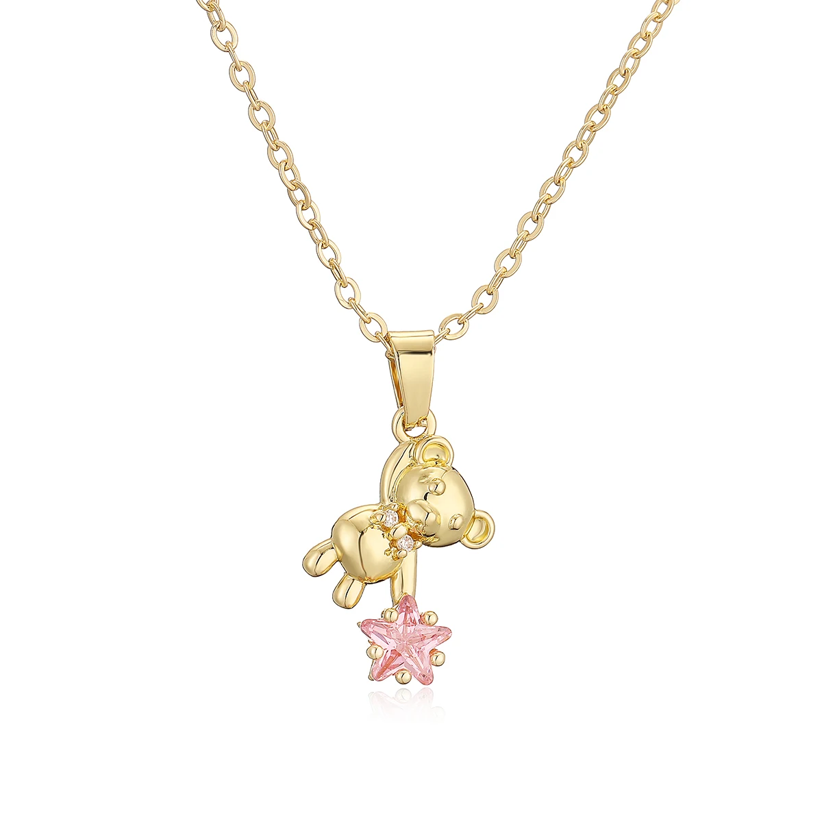 NEWBUY 2024 Fashion Gold/Silver Color Delicate Cute Bear Pendant Necklaces For Women Pink/White CZ Jewelry