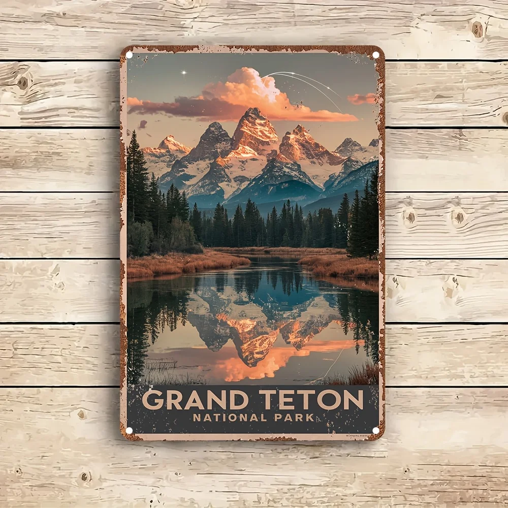 1pc Grand Teton National Park Vintage Metal Wall Art Sign - 8x12 Inch Rustic Wyoming Landscape Poster - Durable Aluminum Retro M