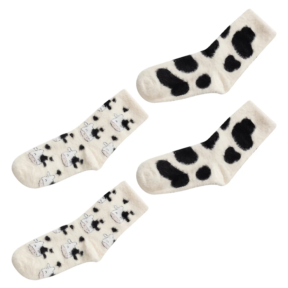 2 Pairs Cow Socks Thickened Plush Stocking Warm Furry Cows Winter Cotton Women's