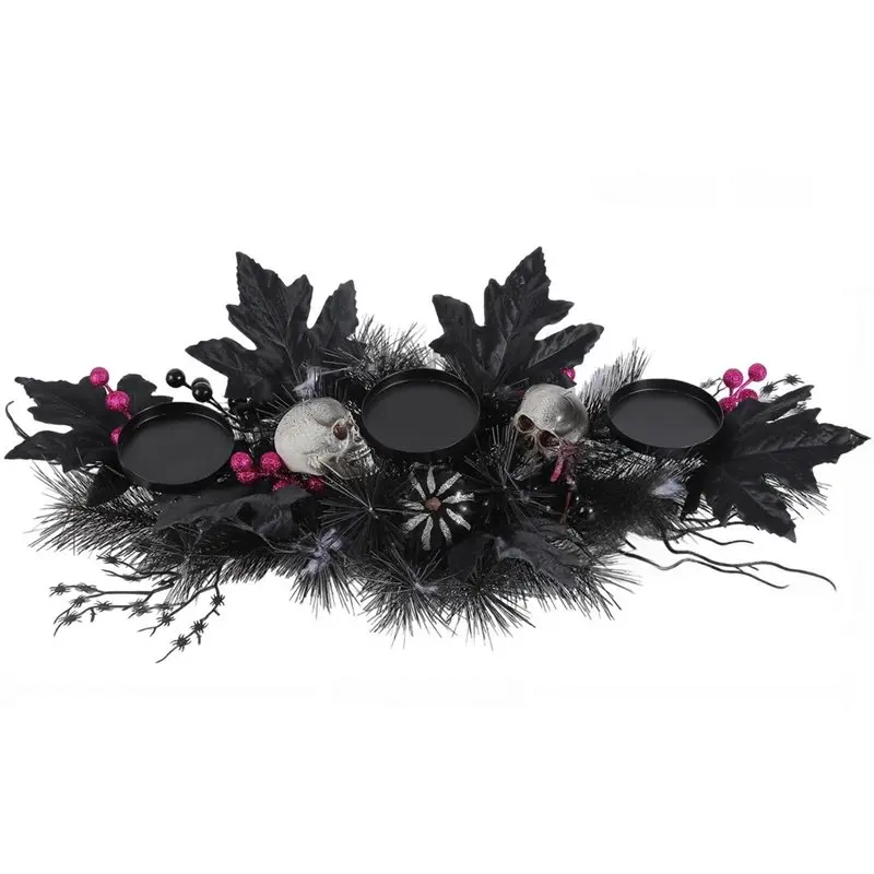 CQMF-Halloween Spooky Table Decor Skull Candle Holder Centerpiece 3 Pillar Candleholder Black Maple Leaves Without Light