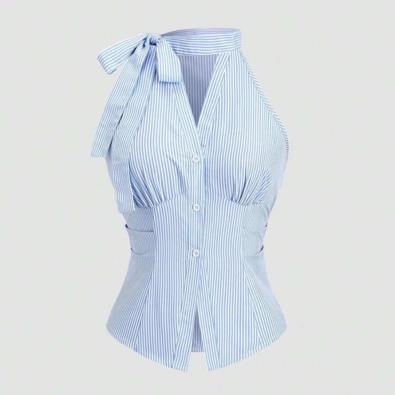 

Summer Office Lady Striped Sleeveless Shirts Elegant Lace-Up Polo-Neck Blouse Women 2026 Streetwear Slim Button Up Tops Female