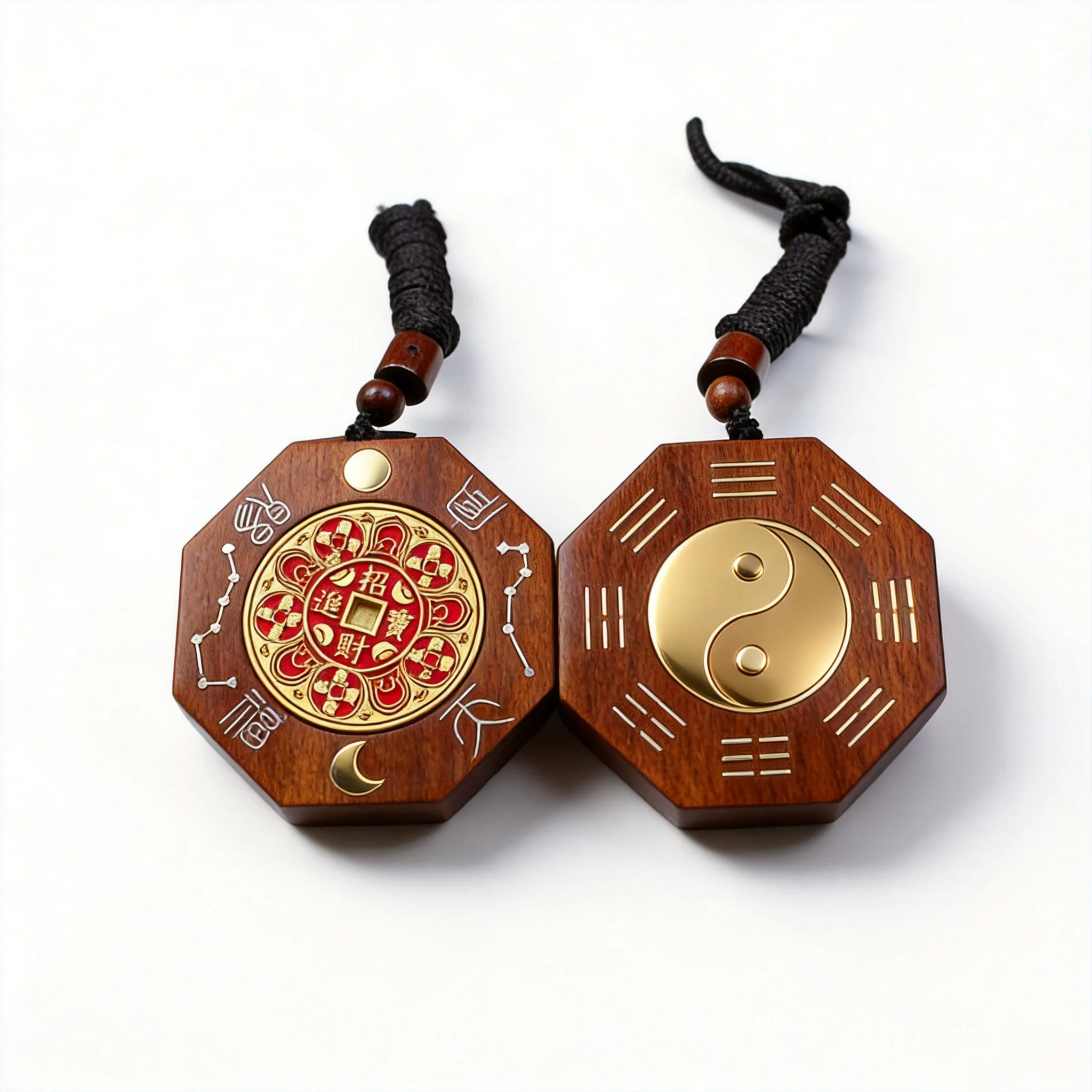 Handmade Chinese Style Thunderstruck Jujube Wood Rotatable Tai Chi Bagua Pendant Silver Inlay Lucky Fortune Blessing Wealth Attr