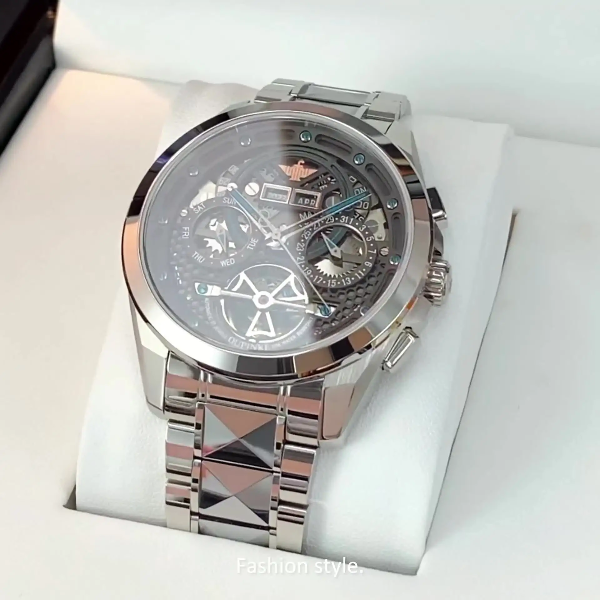 OUPINKE 自動巻き スケルトン時計 40mm ステンレススチール