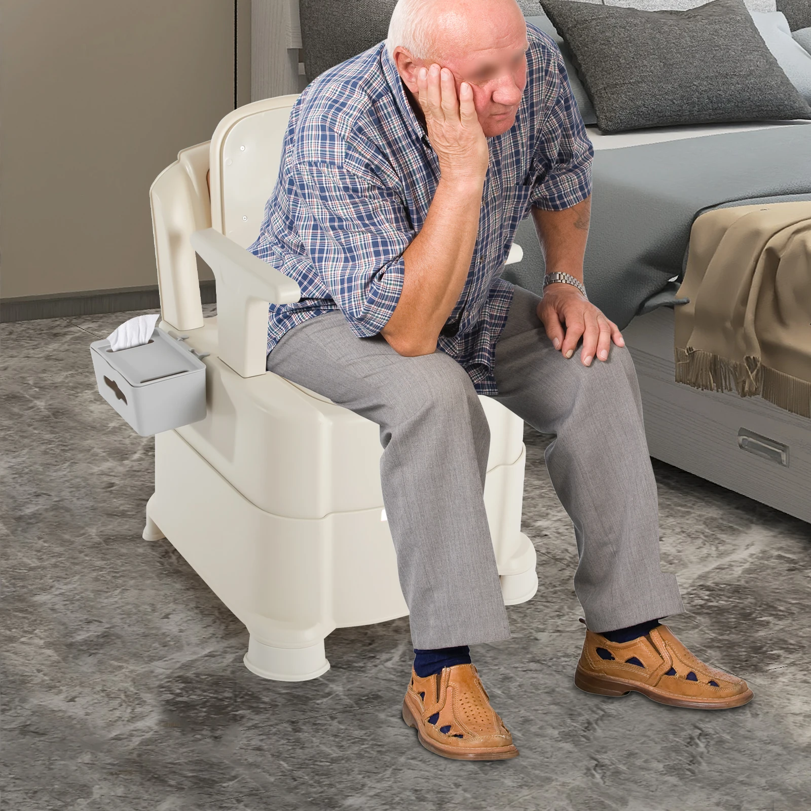 Portable Bedside Commode, 440.92 lbs Capacity, Sensor Light with PIR Sensing, Quiet Operation, Double Lid for Odor Control,