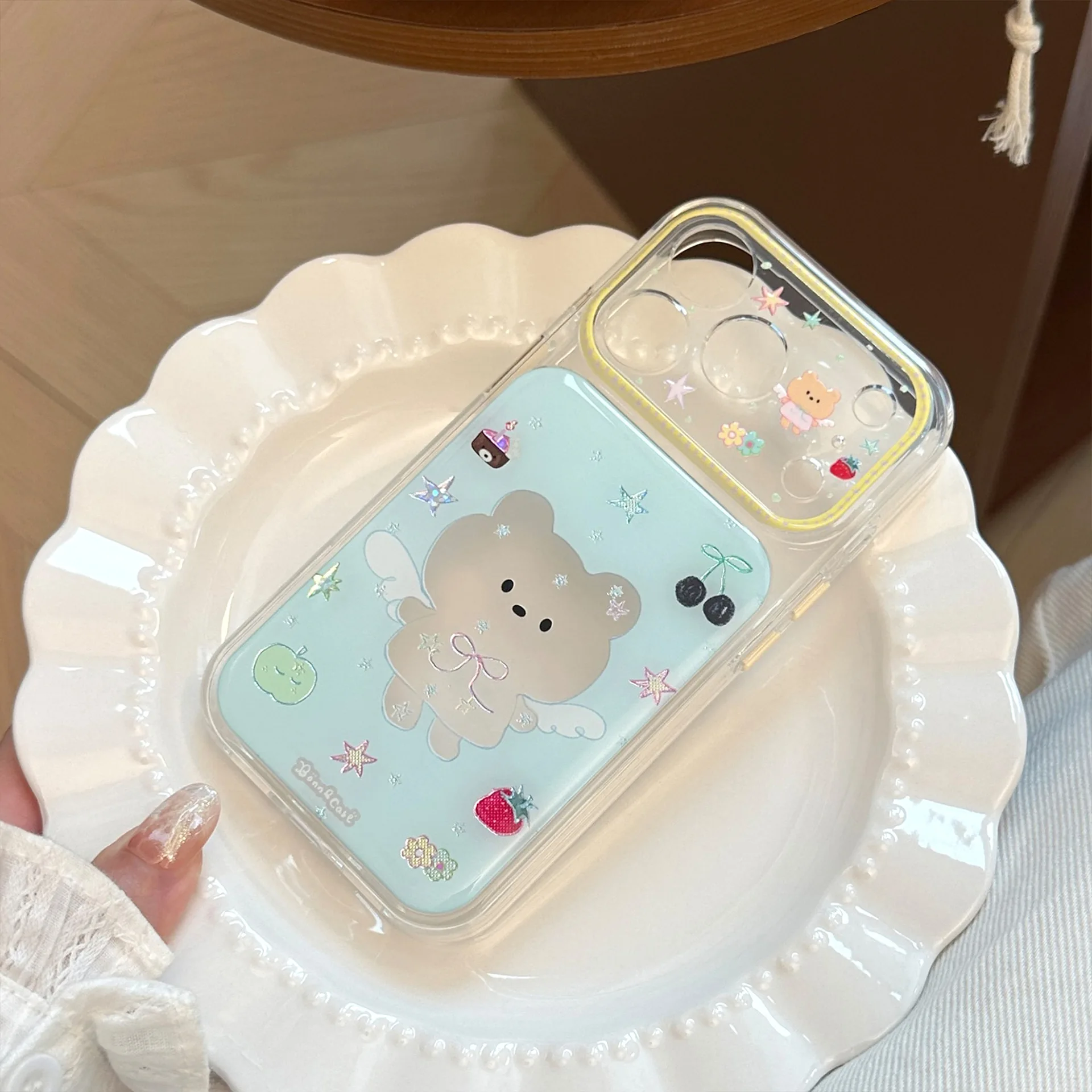 Korean Hollow Out Cartoon Bear Graffiti Pattern Phone Case For iPhone 17 16 15 14 Pro Max Clear Shockproof Protective Soft Cover view 5